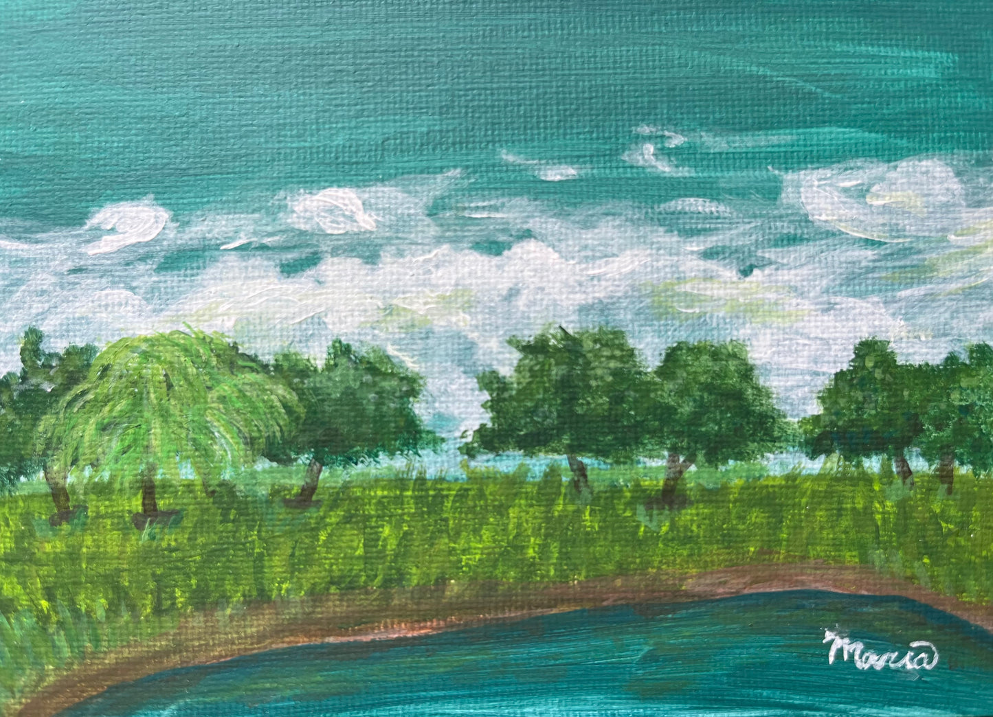 Up close view of pond landscape painting