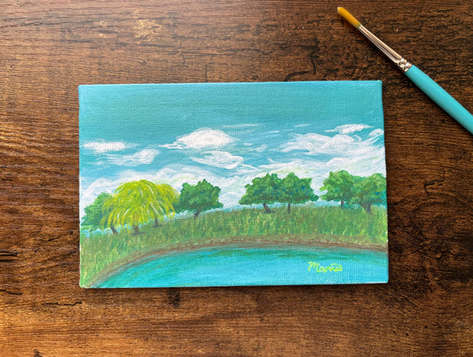 Front view of painting. Painting depicts a pond with cloudy sky, trees, and grass surround the pond